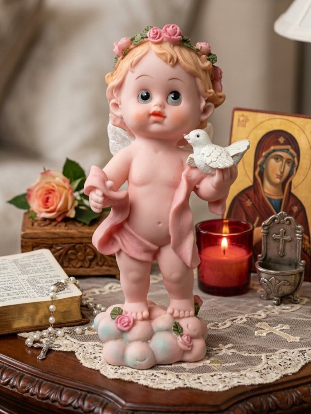 Vintage-Style Angel Cherub Statue - Pink Resin Figurine with Sheer Fabric Wings